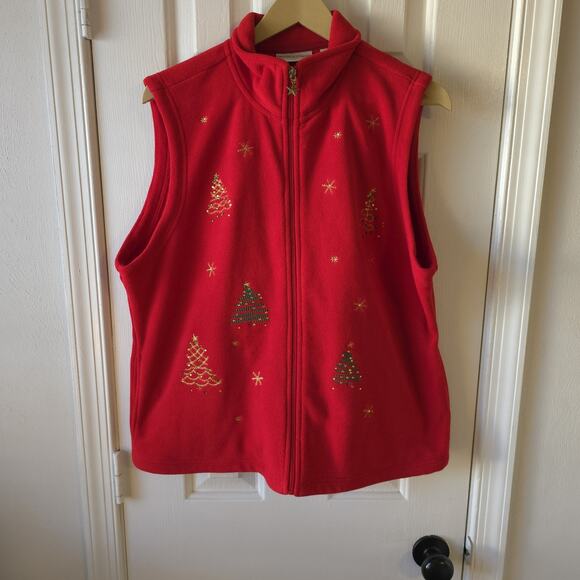 Draper’s & Damon’s PXL Christmas Vest Red Fleece Zip Front Holiday Trees Stars - Picture 1 of 8